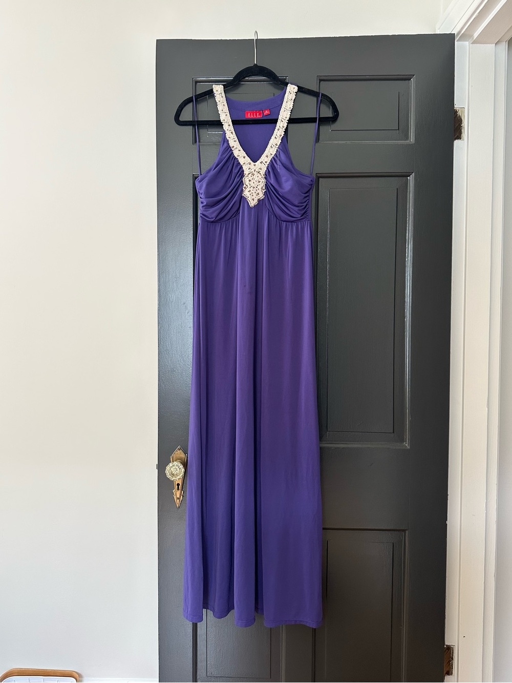 Y2K ELLE Purple Boho Halter Maxi Dress, Beaded Crochet Empire Waist XS